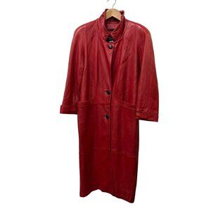 Vintage Bruno Ricci Red Leather Long Button-Up Coat With Pockets Womens M Made I